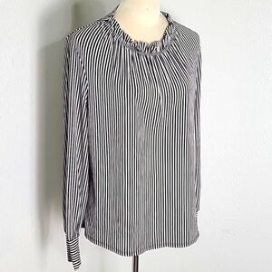 Adrianna Papell Black & White Striped Longsleeve Top With Ruffled Collar, Size M